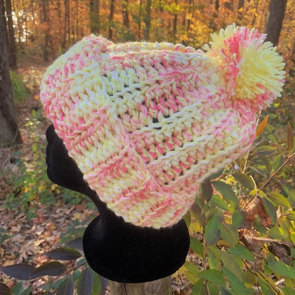 Handmade Pom Pom Pink/Pale Yellow/Ribbed Crochet Slouch Women's/Teens Beanie Hat - Picture 3 of 7